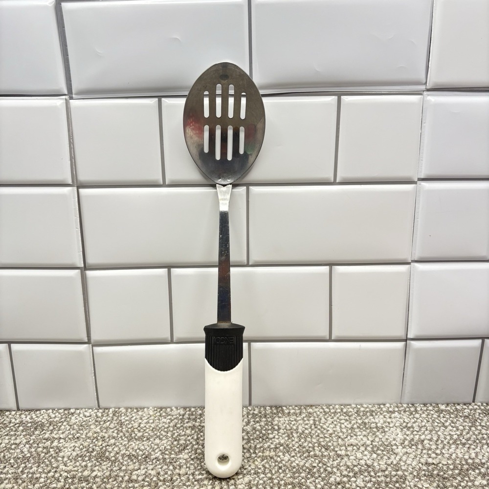Vintage Ekco Slotted Spoon Stainless‎ Black And White Handle Serving 13" EUC